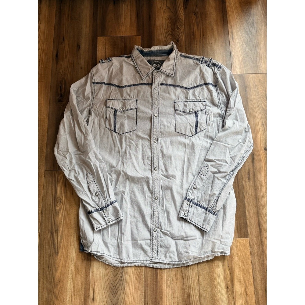 BKE Buckle Western Shirt White Nave Striped Men's XXL Pearl Buttons Athletic Fit